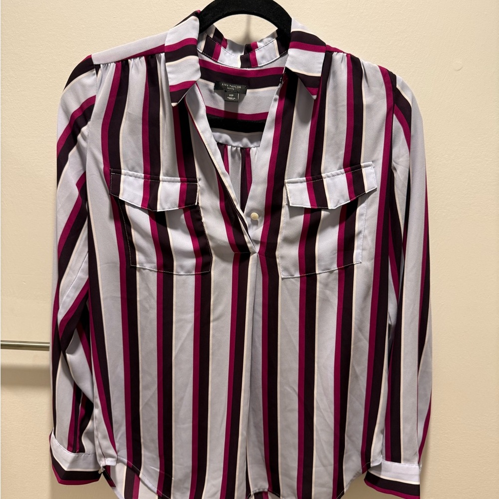 Worthington Vertical Stripe Blouse in White, Magenta and Black